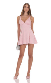 Floral Jacquard Bow Tie Dress in Dusty Pink